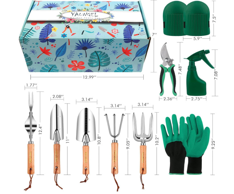 Set jardinería 10 piezas acero inoxidable, mango madera con bolsa portátil. NUEV