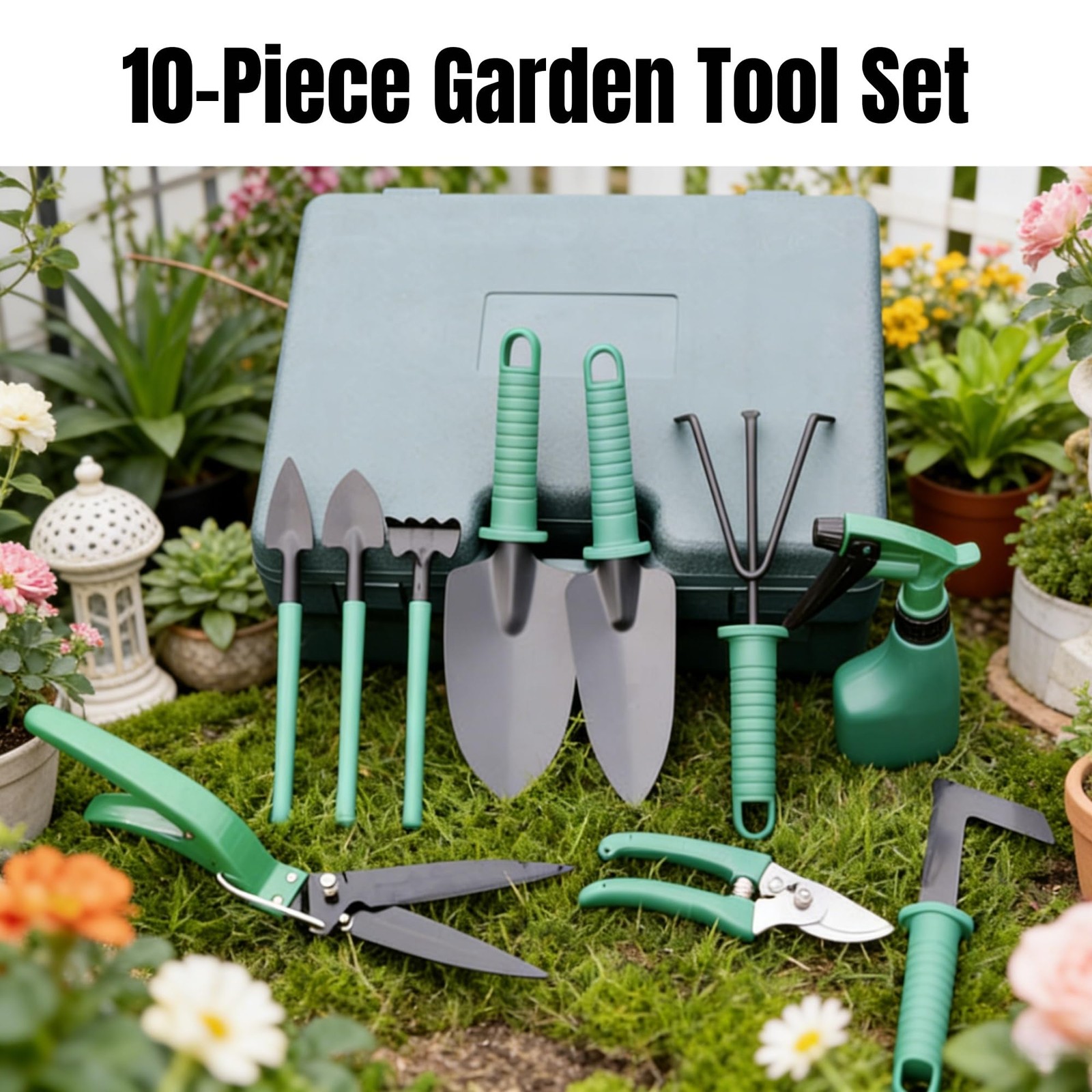 10-Piece Garden Tools Set – Heavy Duty Hand Gardening Kit: Shovel, Pruners, T…