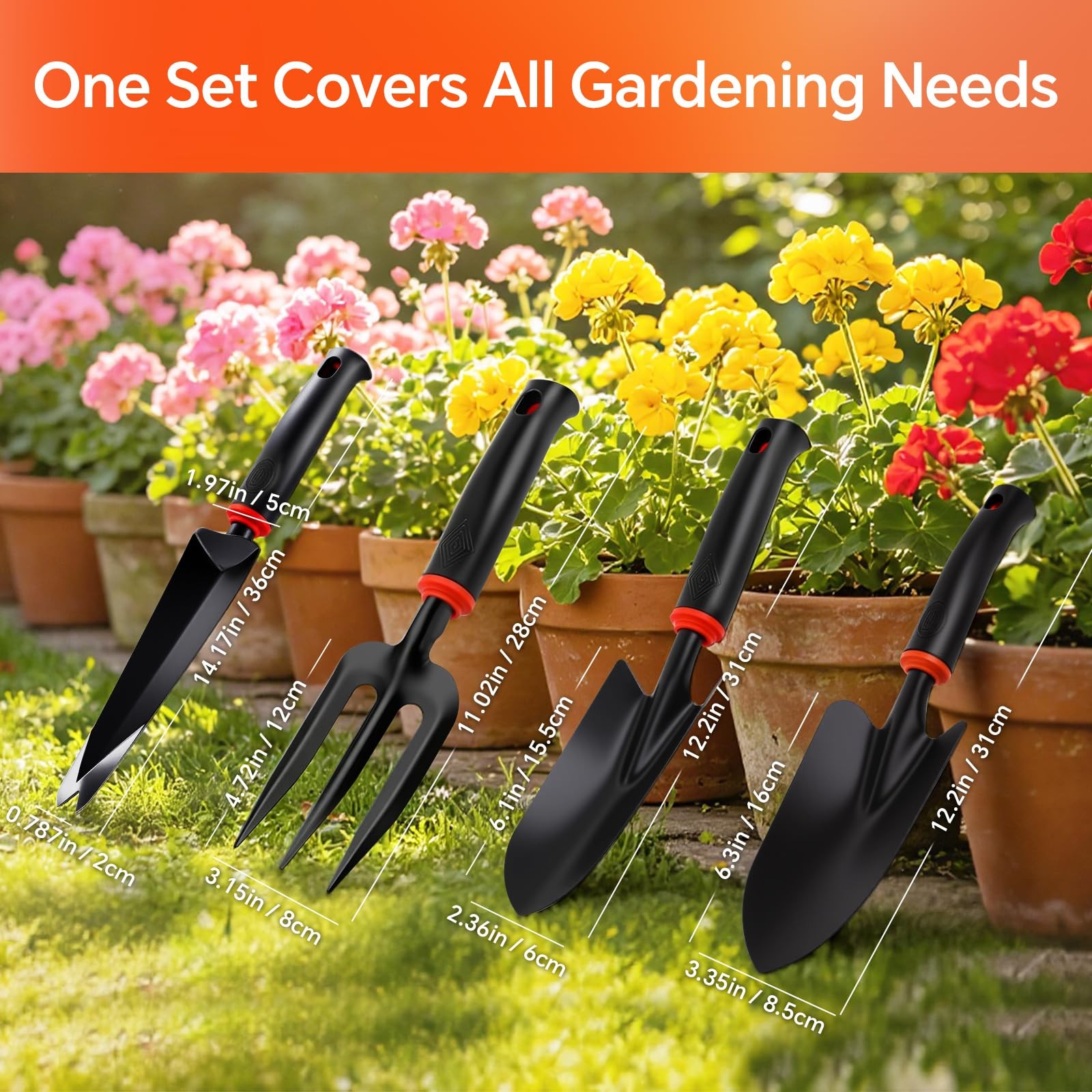 4-Piece Heavy-Duty Garden Tool Set, Wide & Narrow Trowel, Root , 3-Tine Culti…