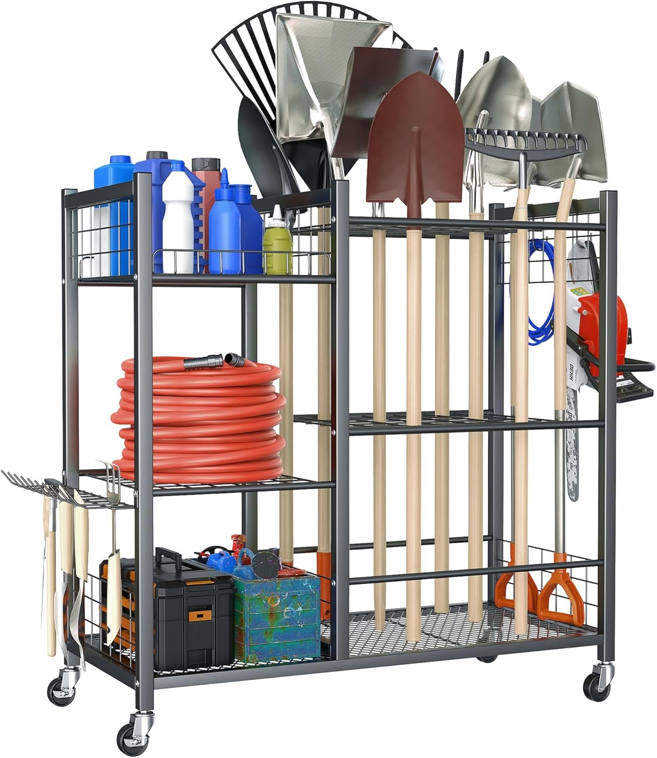 Garden Tool Stand with Wheels, Rakes Shovels Holder Yard Tools Organizer for Gar