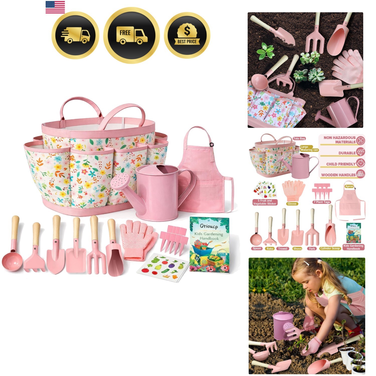 Kids Gardening Set 14Pcs Garden Tools with Tote Bag,Watering Can, Shovel, Apr…