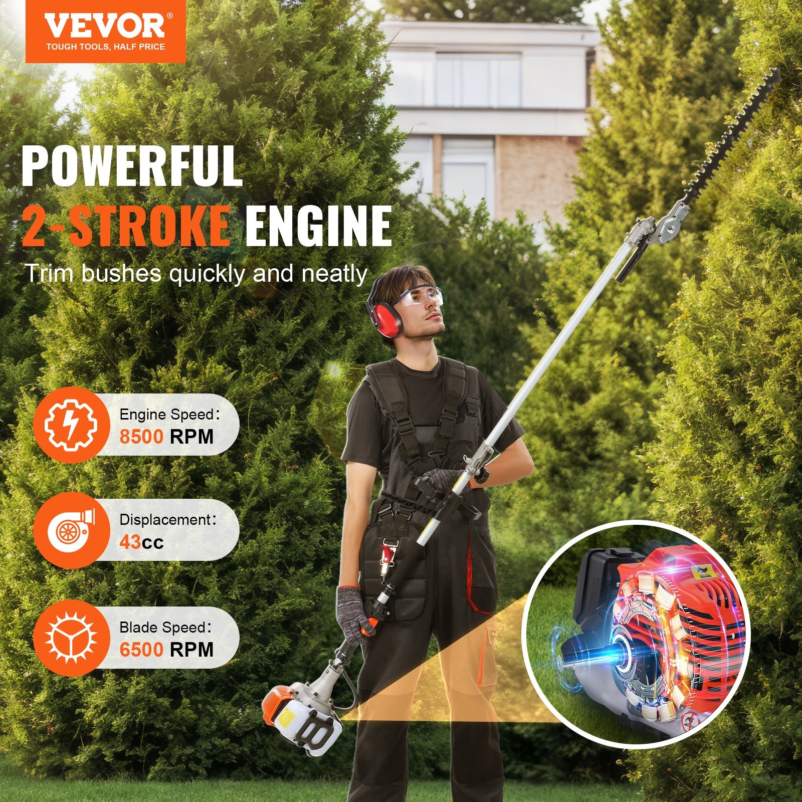 43CC 6-in-1 Multi-Functional Trimming Tools,Gas Hedge Trimmer,Weed Eater,String