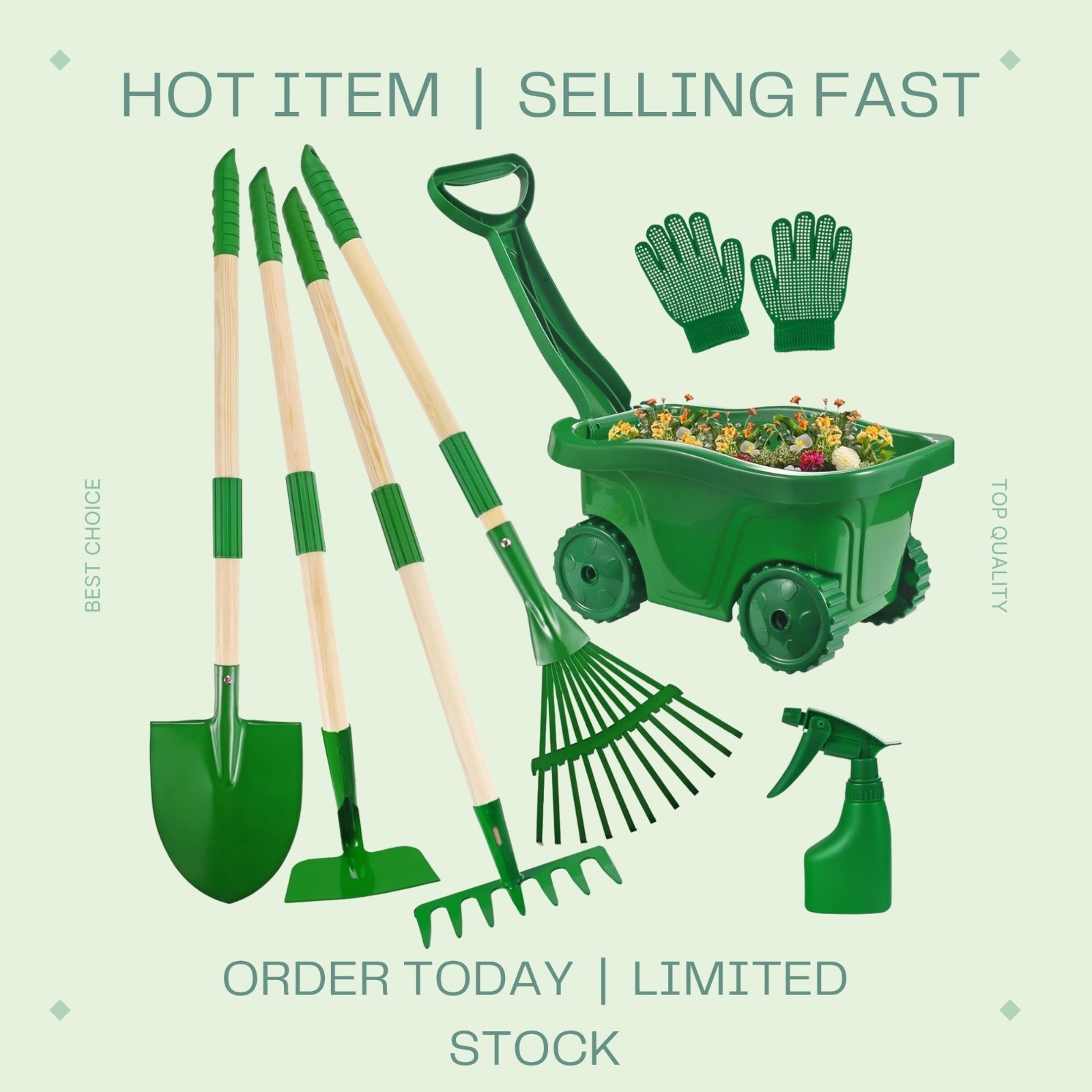 7PCS Kids Gardening Tool Set with Wheelbarrow Shovel Rake Outdoor Toy Green