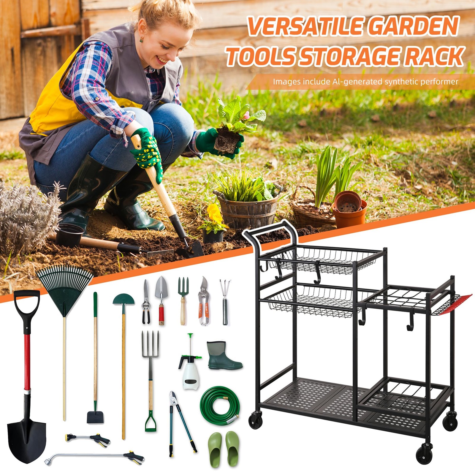 Garden Tool Organizer with Wheels, Garden Tool Rack, Yard Tool Holder for Rak…