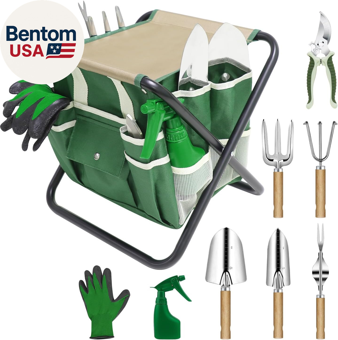 Garden Tool Set, 10 Piece Kit with Heavy Duty Folding Stool, Detachable Storage