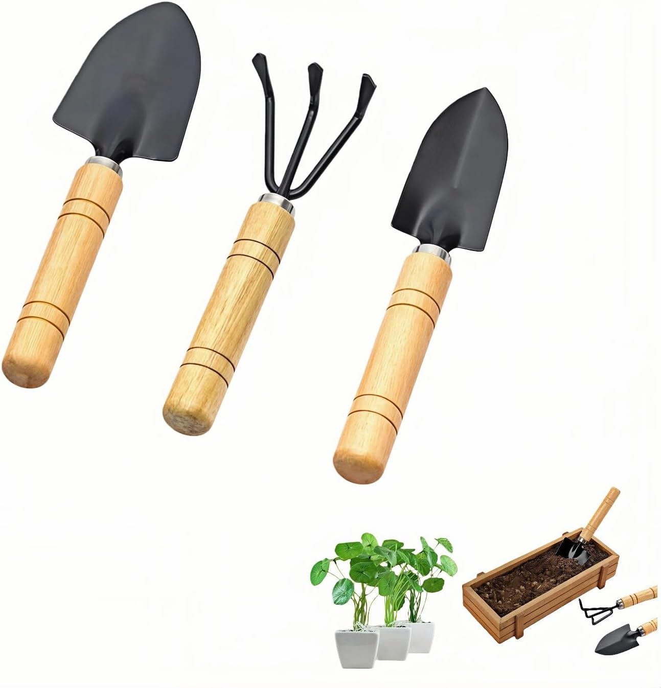 3 Pcs Mini Garden Tools Set with Wooden Handle for Potting Transplanting