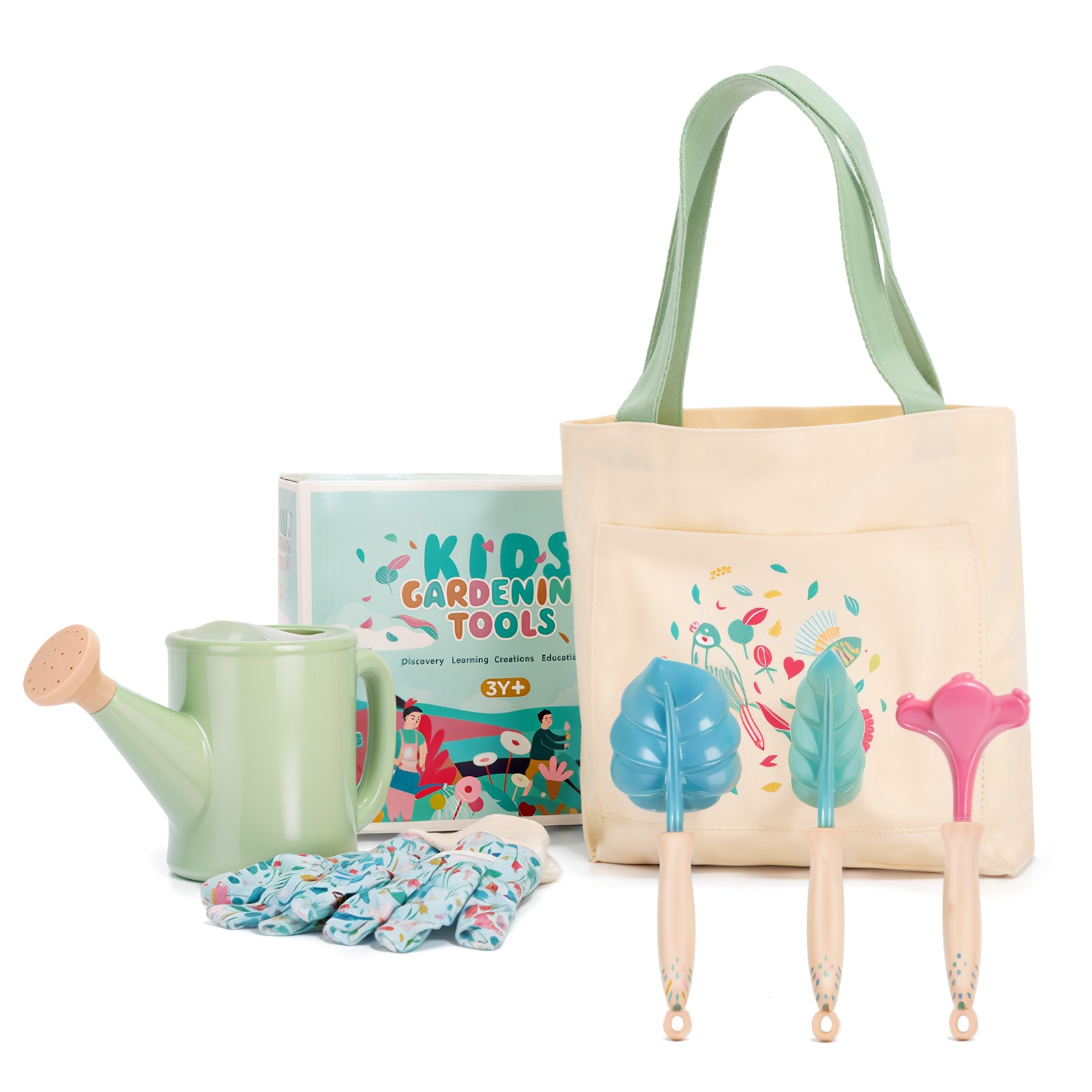 6pcs Kids Toddler Garden Tool Kit with Watering Can Toys Gloves Shovel Rake Tote