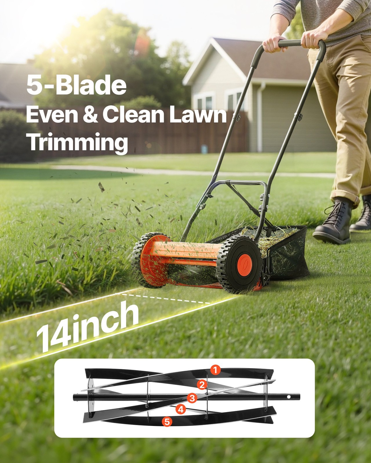 Push Reel Lawn Mower 14 inch,5 Blades Manual Push Mower No Motor,0.6-1.75 in Adj