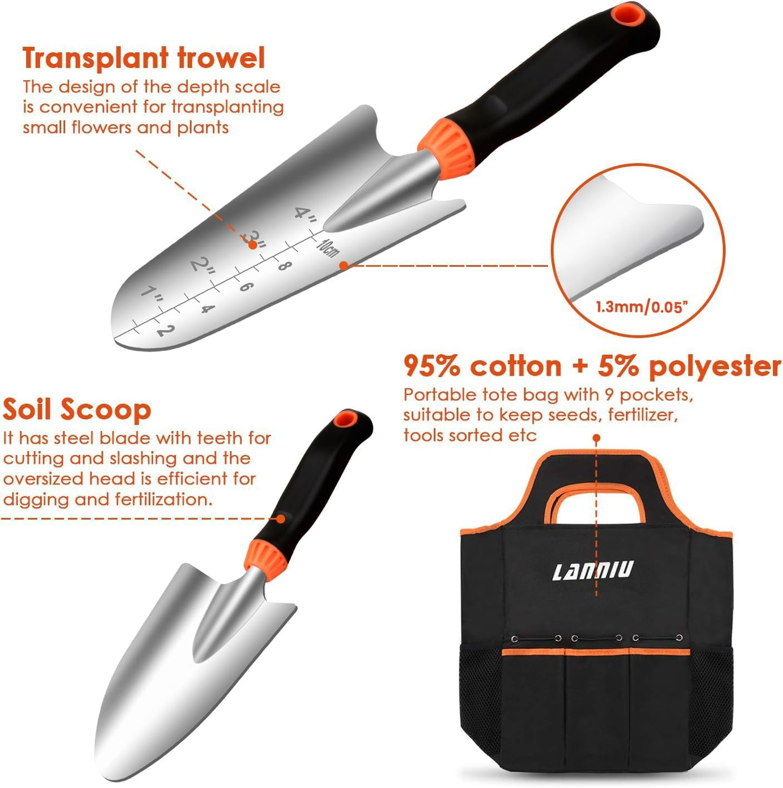 9 Piece Garden Tool Set Sharp Stainless Steel Trowel Pruning Shears Rake tote