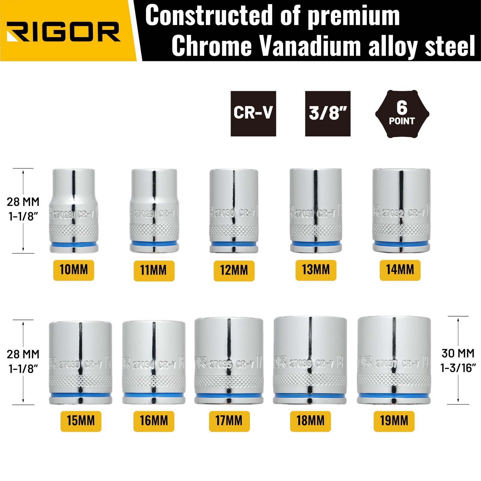 RIGOR 27027 Max-Grip Non-Slip Standard Socket Set, 10-Piece | Anti-Slip Chrom…