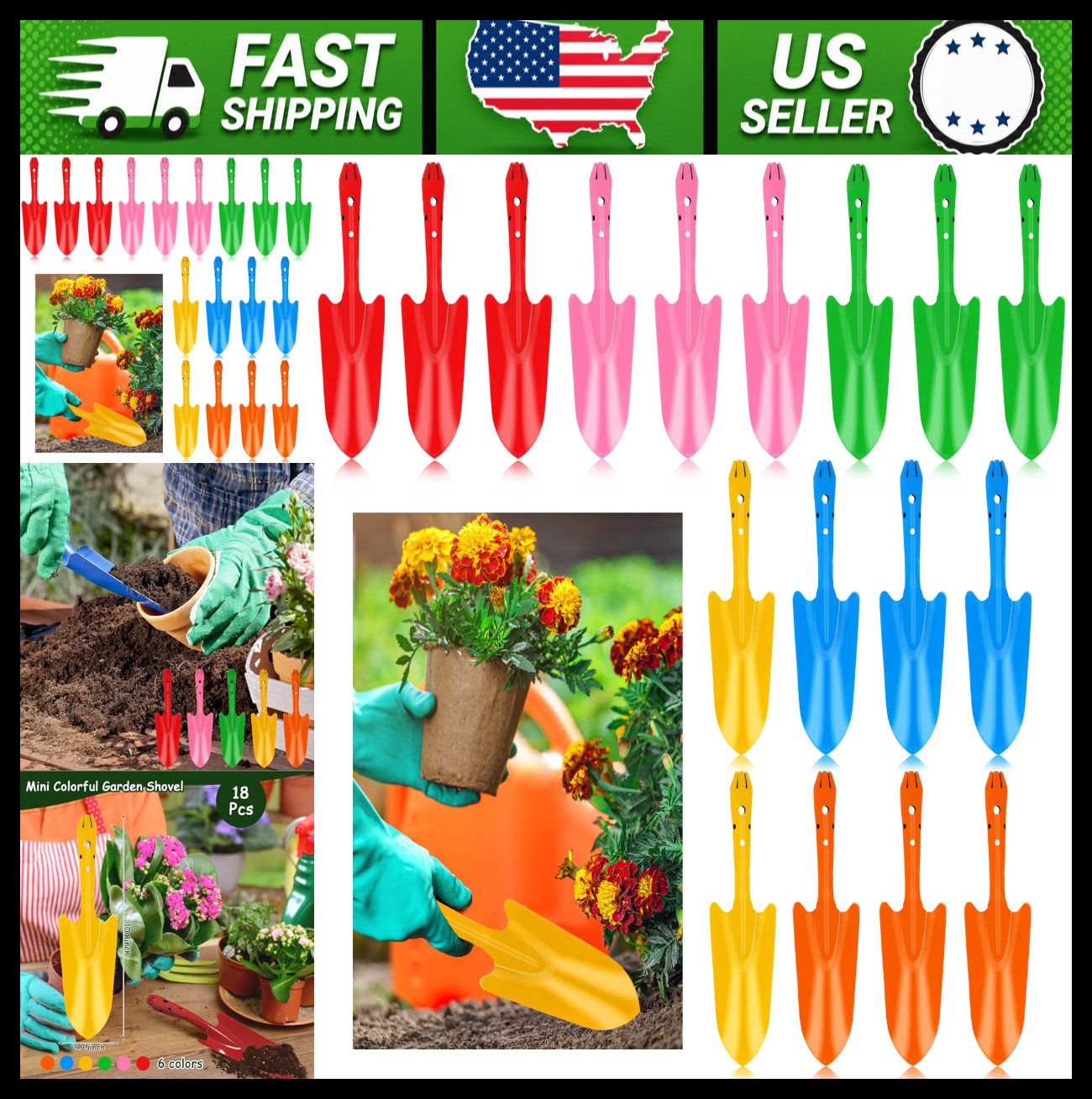 18 Pc Colorful Garden Hand Trowel Set for Planting, Weeding, Transplanting