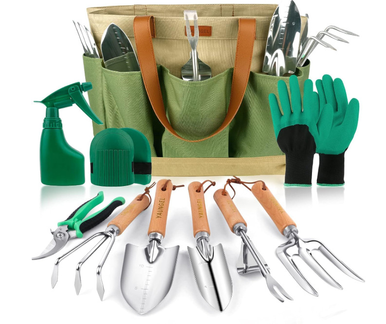 Set jardinería 10 piezas acero inoxidable, mango madera con bolsa portátil. NUEV