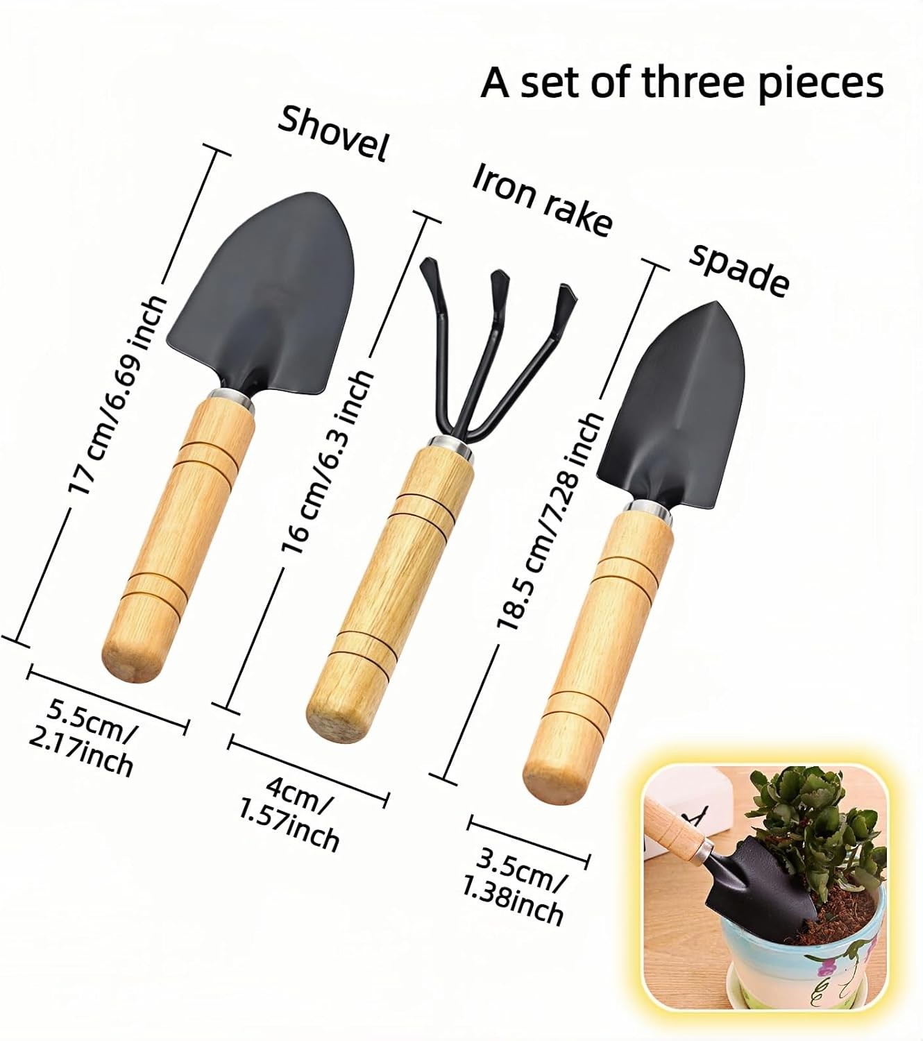 3-Piece Mini Garden Tool Set, Indoor Plant Care Kit with Wood Handle, Black Iron