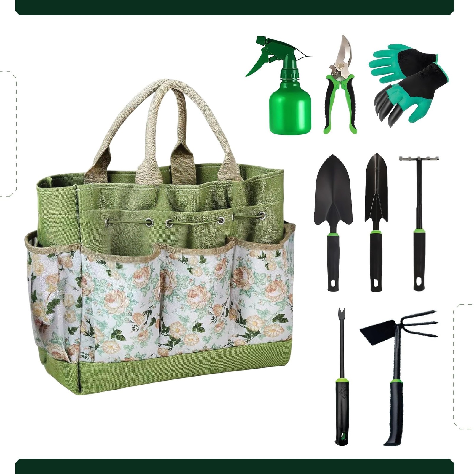 9 PCS Heavy Duty Carbon Steel Garden Tool Set RustProof Ergonomic Tote Bag