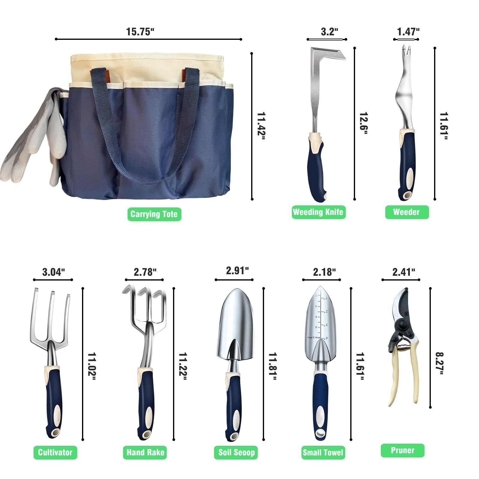 9 PCS HeavyDuty Aluminum Garden Tool Set NonSlip Handle Large Bag Pocket