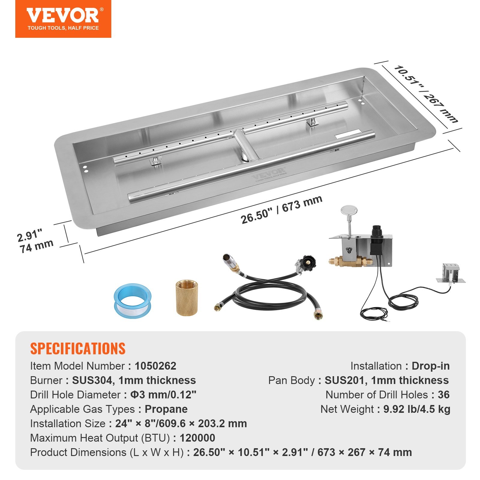 24 x 8 inch Drop-in Fire Pit Pan,Rectangular Stainless Steel Fire Pit Burner Kit