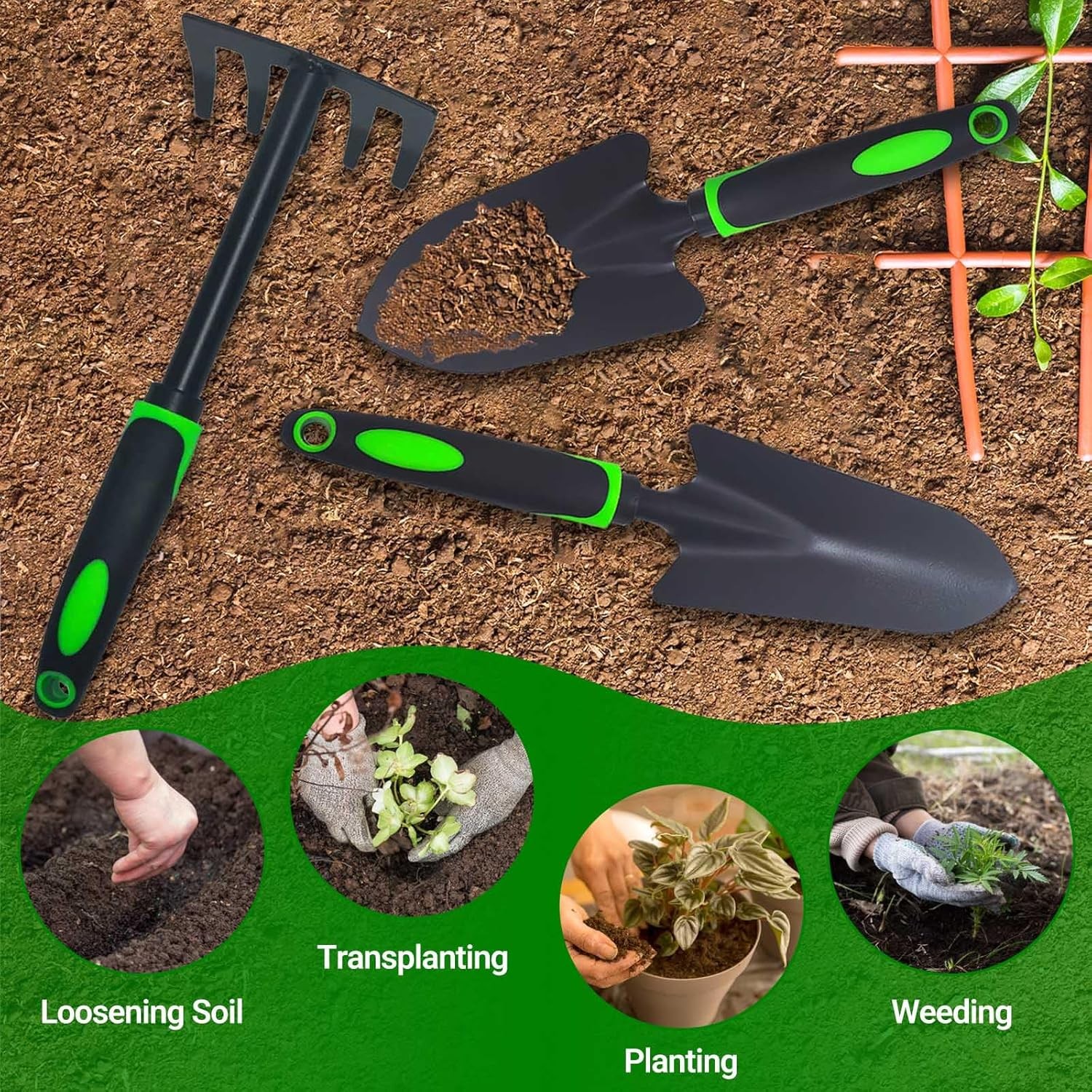 Garden Tools Set, 3 Pack Heavy Duty Gardening Kit Including Garden Shovel, Trans