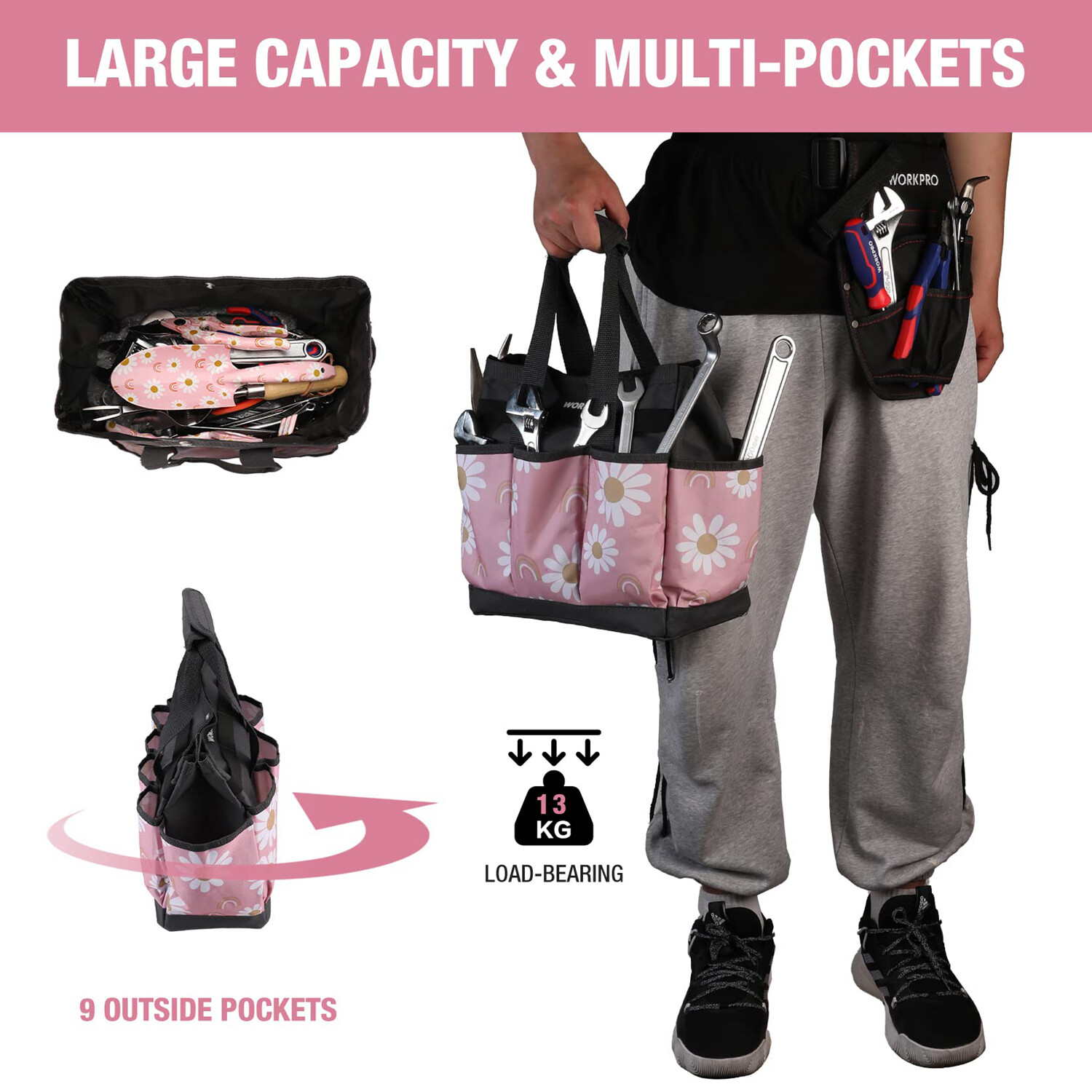 WORKPRO Garden Tool Bag Holder 9Pocket Heavy Duty Oxford Garden Tool Storage Bag
