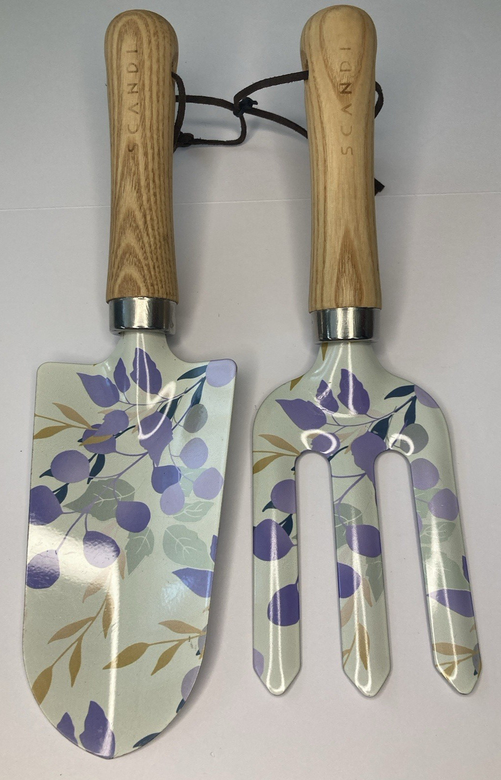 Scandi Garden Tool 2pc Set Wood Handle Painted Metal Leaves Botanical Print