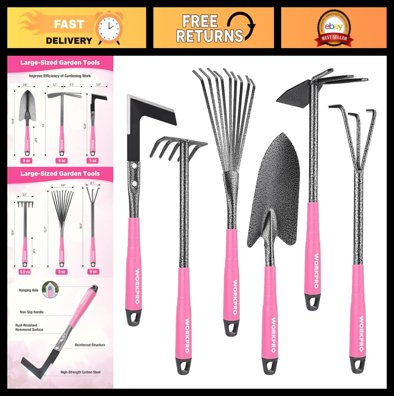 6-Piece Pink Gardening Tool Set – Heavy Duty Hand Tools with Soft Grip, Trowel,