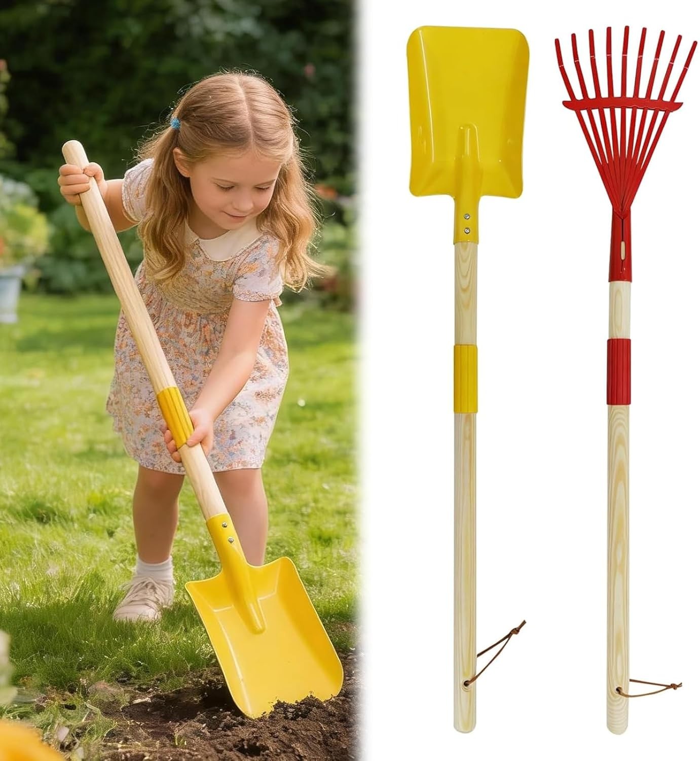 2 Pcs Kids Rake and Shovel Set 28″ Toddler Size Metal Snow Shovel & Leaves Rake