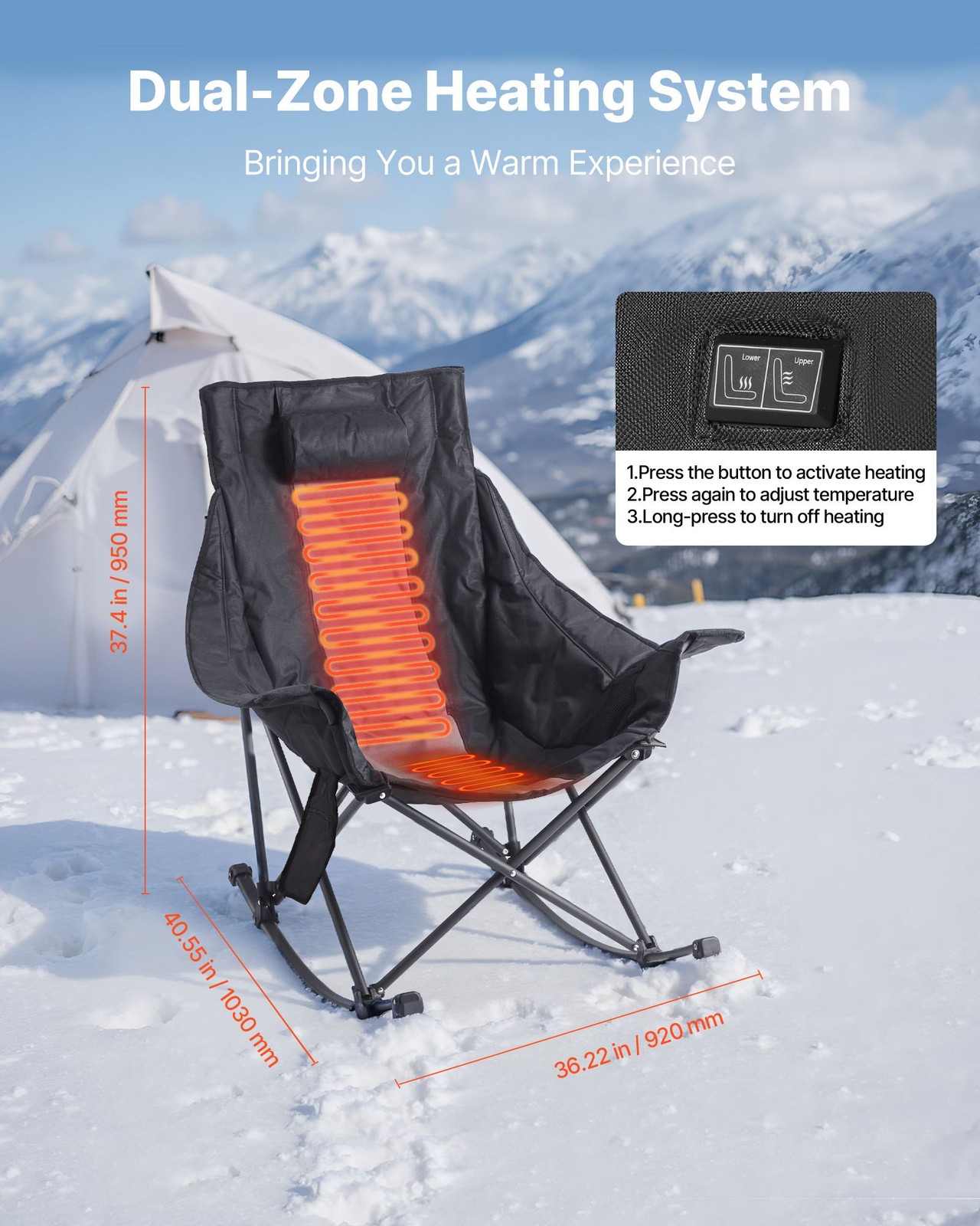 Heated Camping Chair,3 Heating Settings,Large-Sized Padded Folding Rocker,Heavy