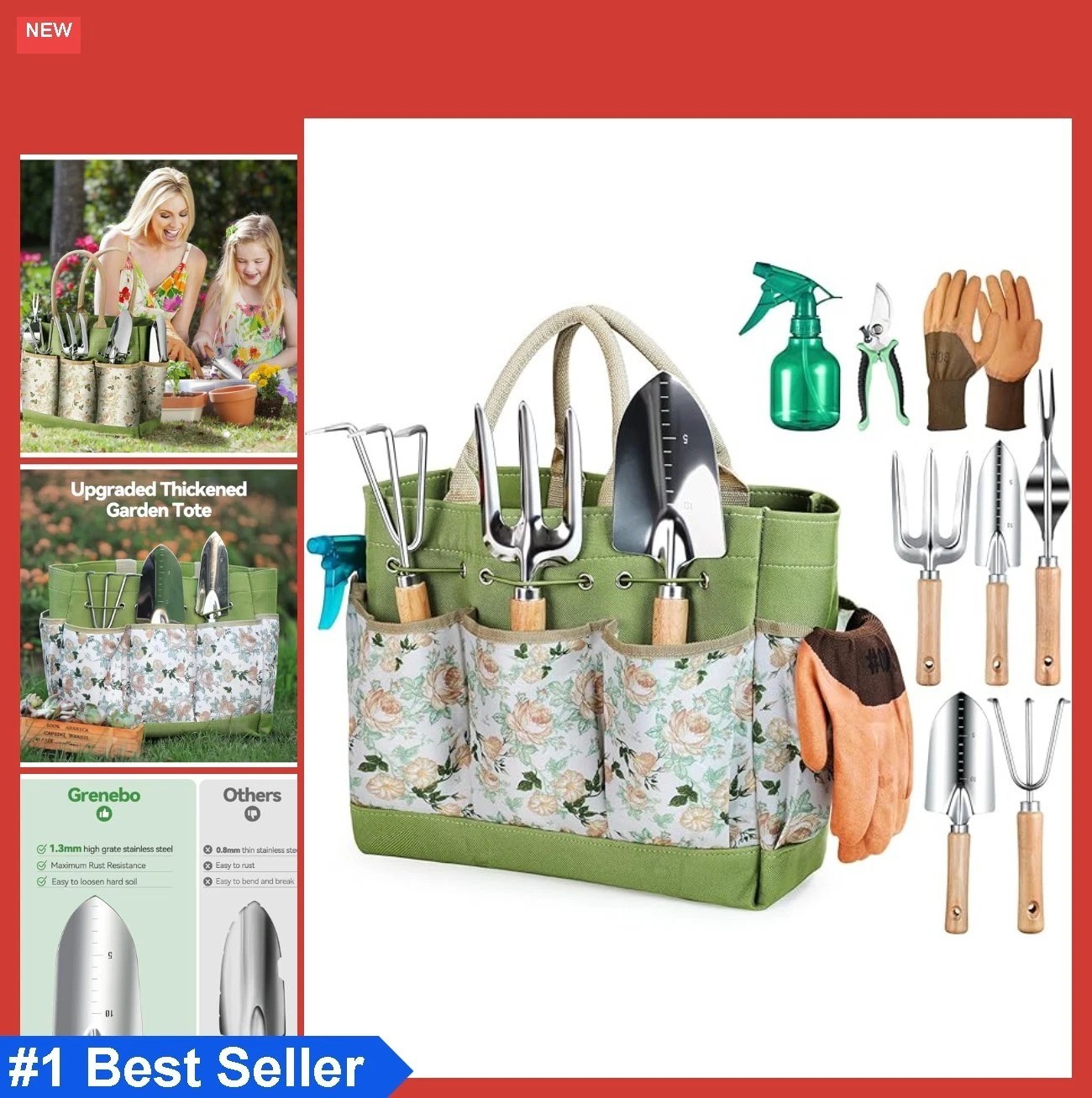 Stainless Steel Garden Tool Set 9 Piece Heavy Duty Floral Tote Ergonomic Rust