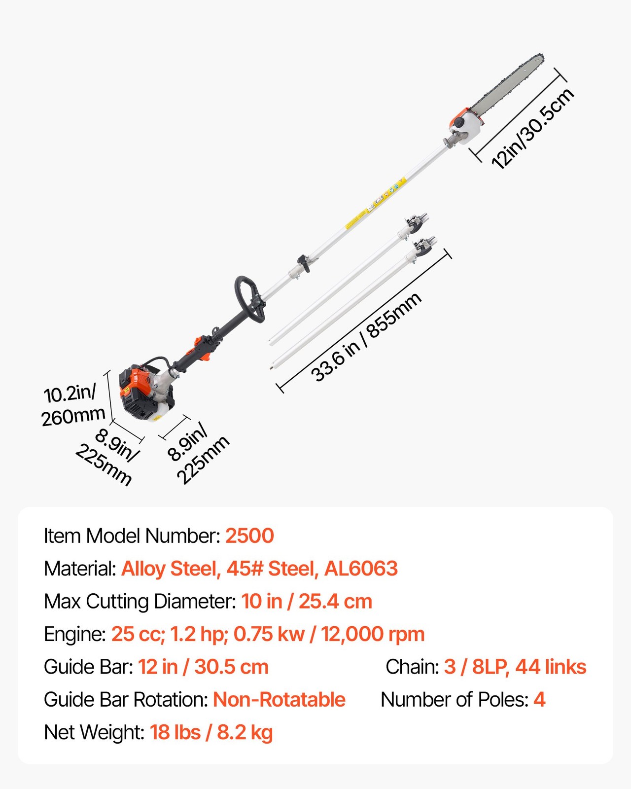 Gas Pole Saw,25CC 2 Stroke Gas Powered Pole Saws with 12 in Cutting Bar,Cordless
