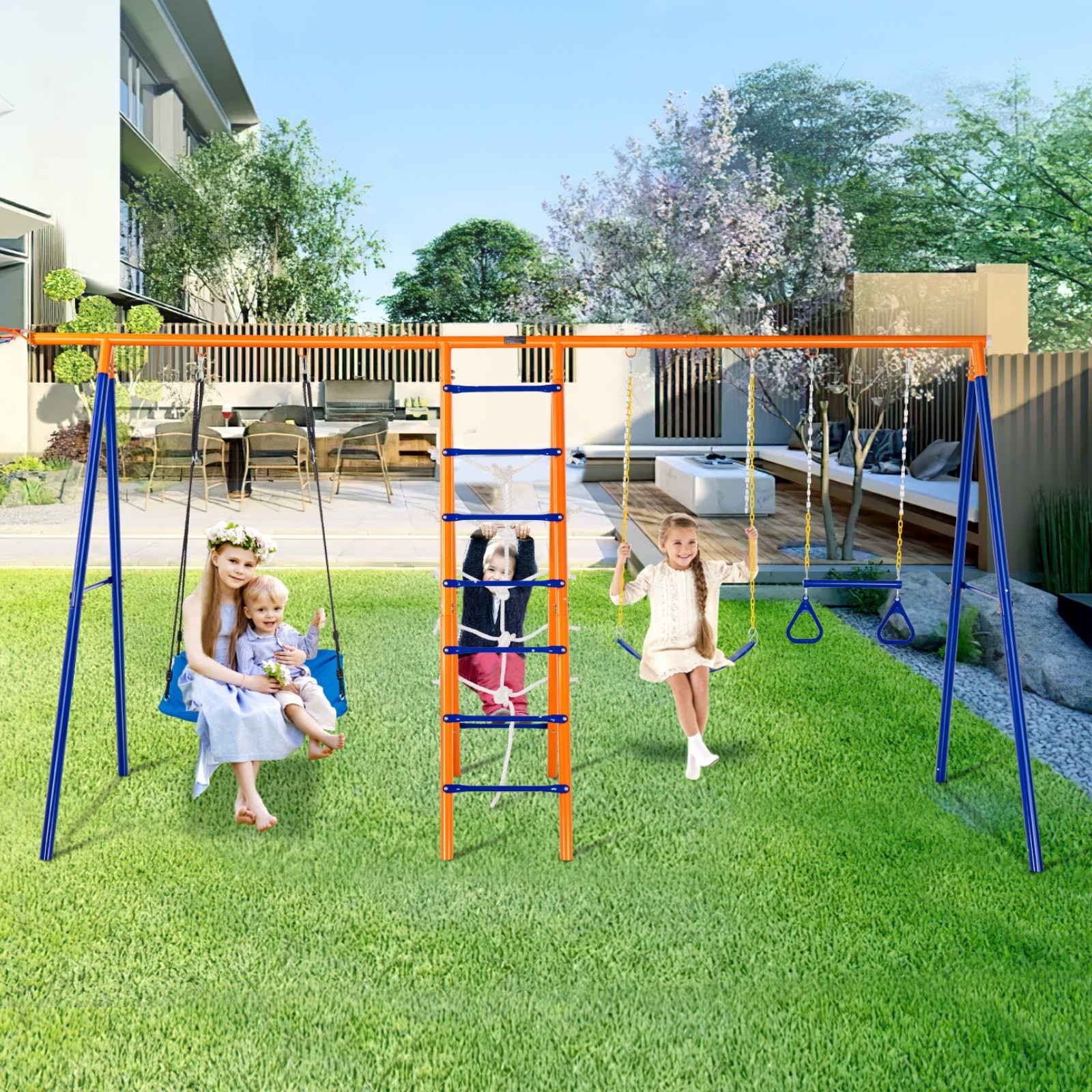 Swing Sets for Backyard,6 in 1 Swing Set with 2 Swings,Trapeze Bar,Climbing Ladd
