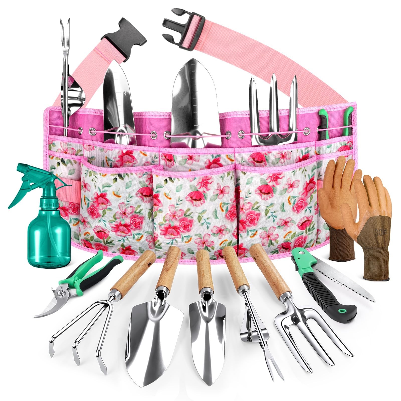10 PCS Pink Garden Tool Set With Organizer Belt Rust-Proof Gardening Kit