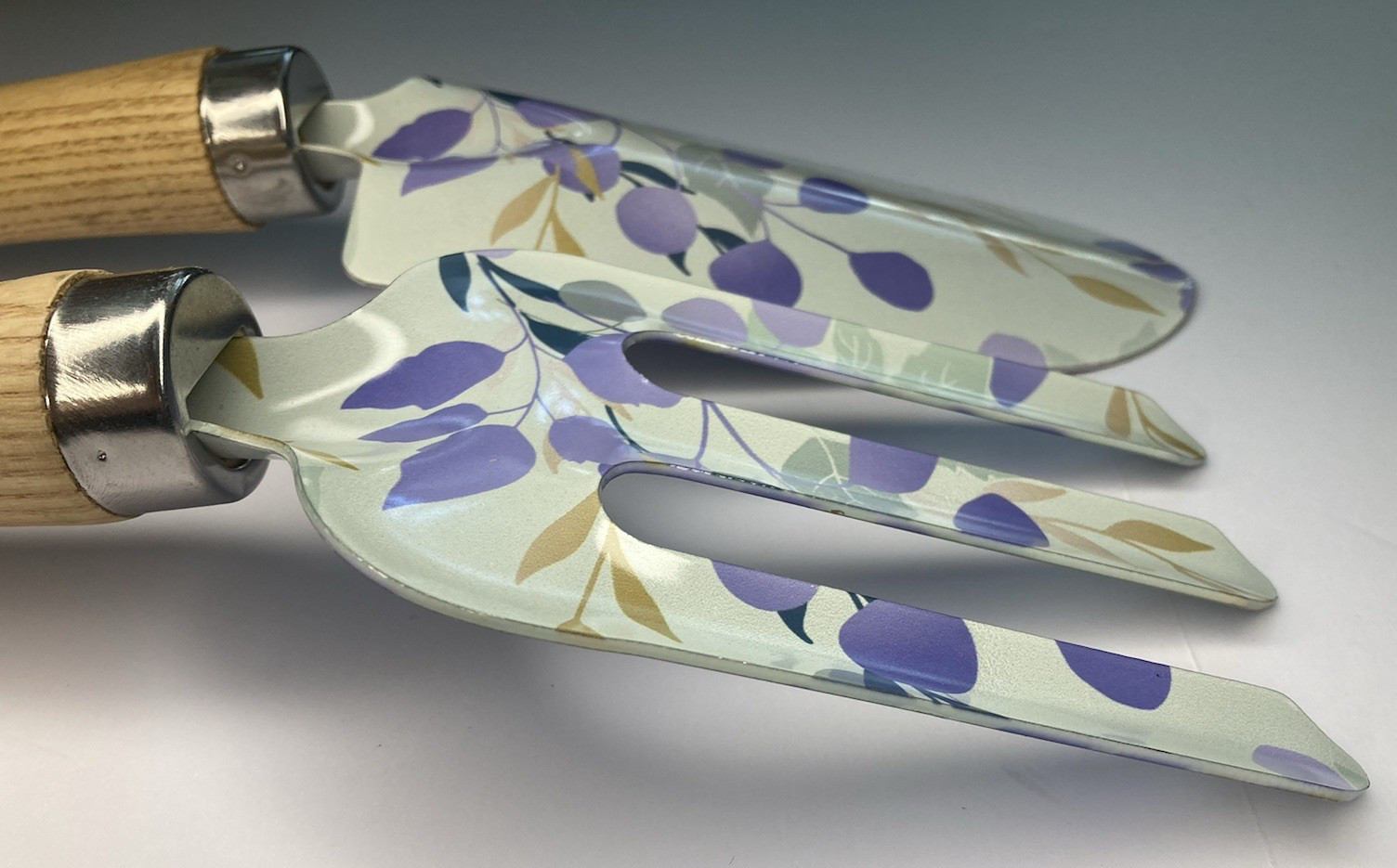 Scandi Garden Tool 2pc Set Wood Handle Painted Metal Leaves Botanical Print