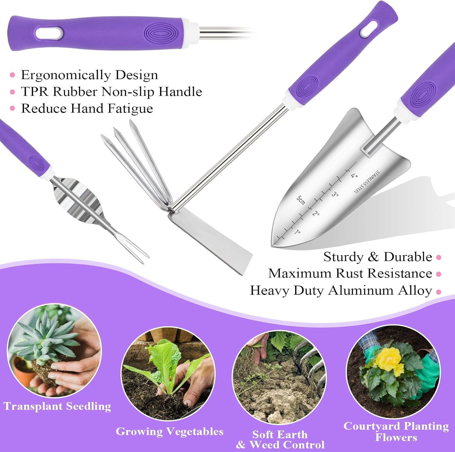 Purple Garden Tool Set, Heavy Duty Gardening Tools with Storage Bag Pack