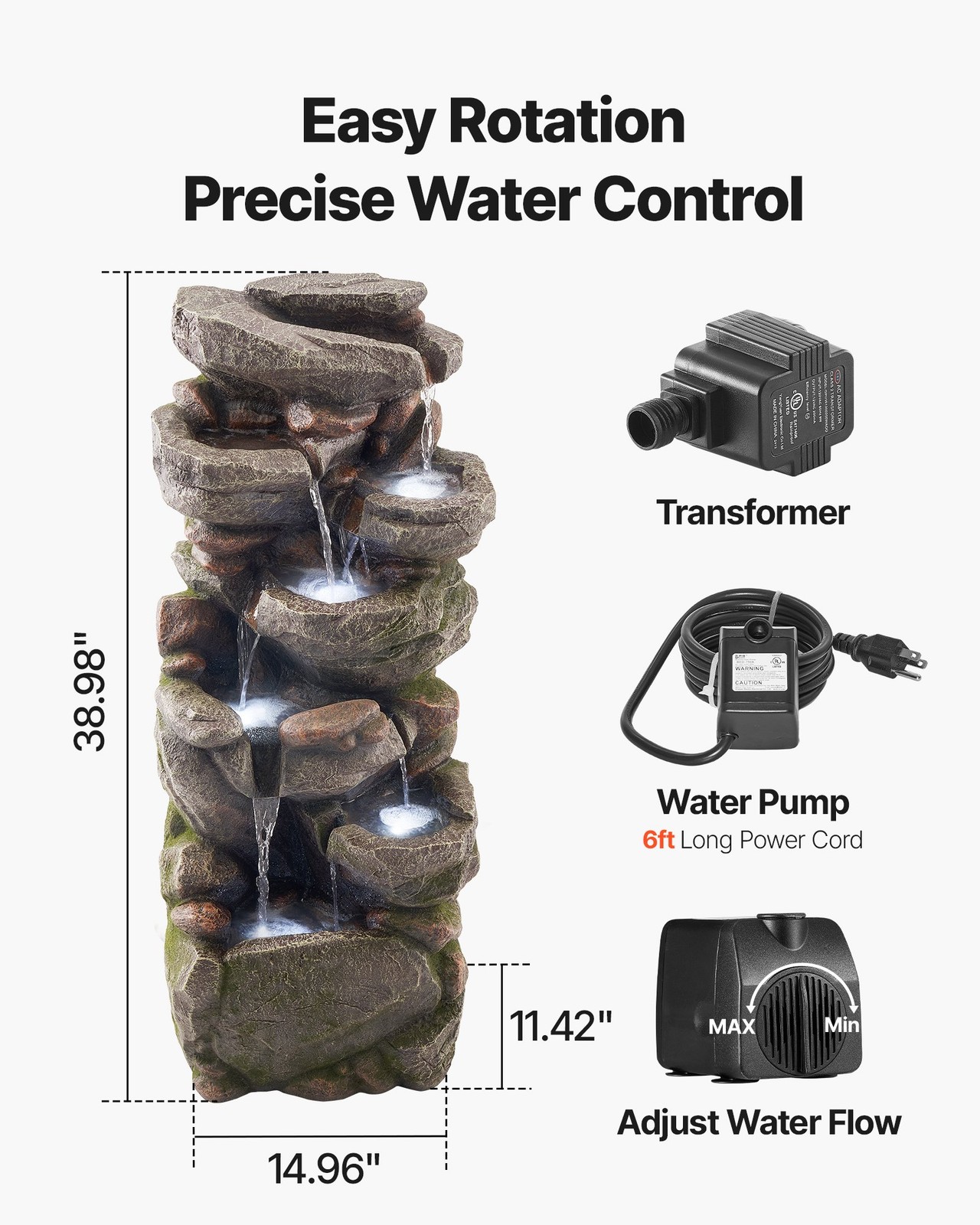 Outdoor Water Fountain,38.98 in Height Fountain and Waterfall,7-Tier Floor Stand