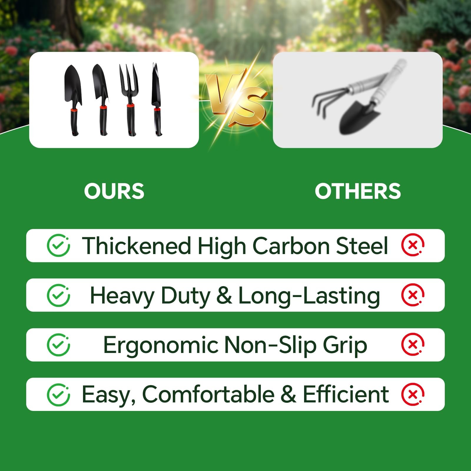 4-Piece Heavy-Duty Garden Tool Set, Wide & Narrow Trowel, Root , 3-Tine Culti…