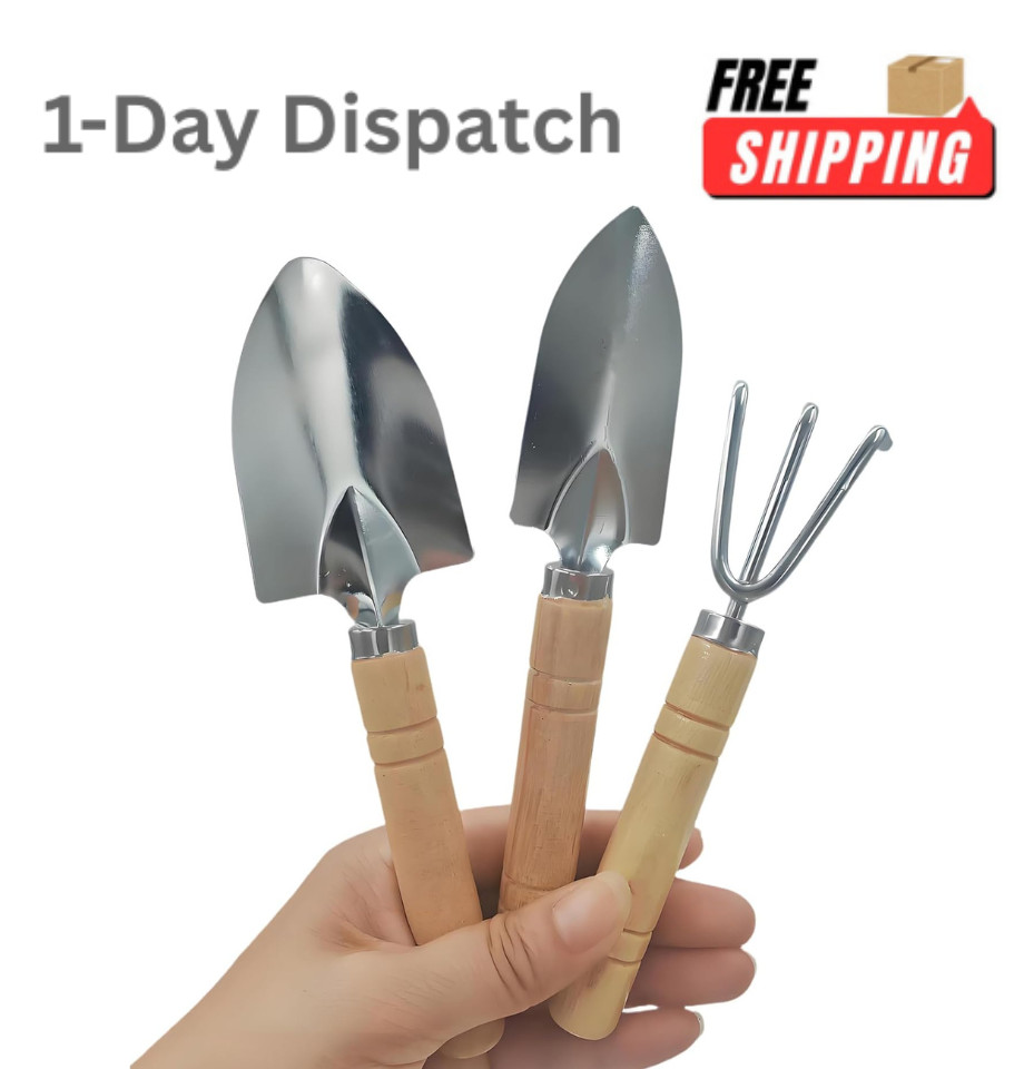 3 Pcs Mini Garden Tools Set Small Shovel Trowel Hand Rake Wood Handle for Plants
