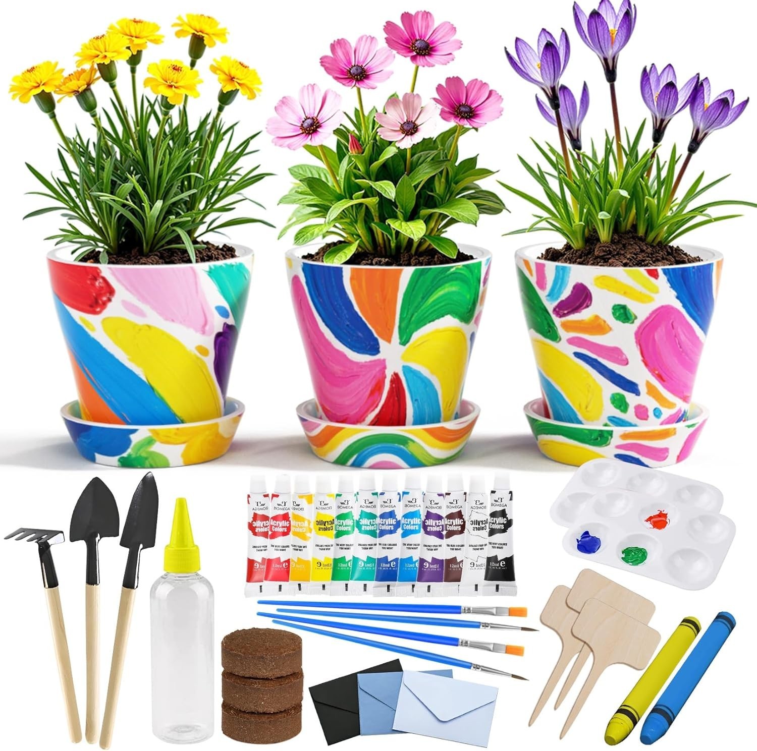 Kids Gardening Set Paint and Plant Flower Gardening Kit with 3 Pots, Kids Gar…