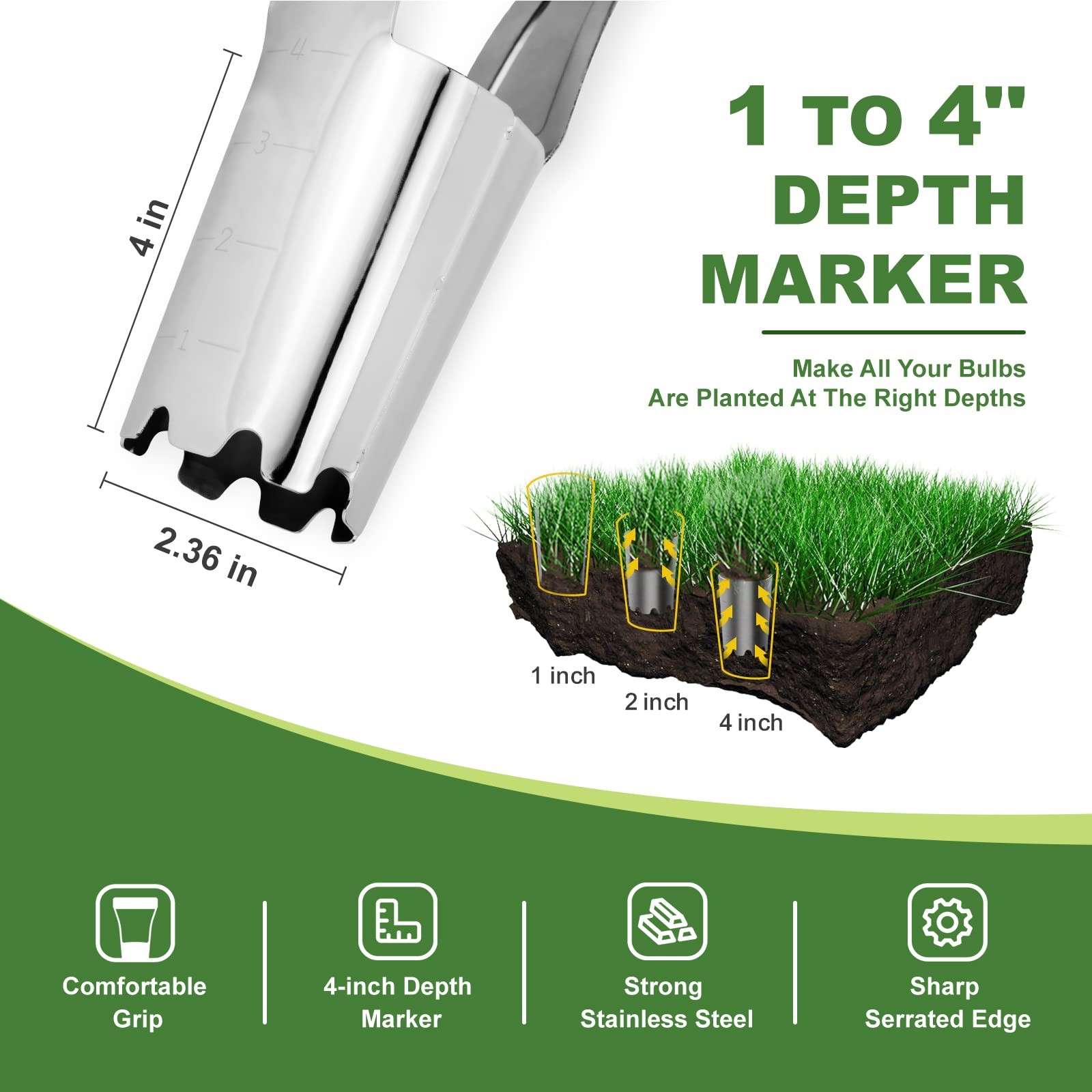 Bulb Planter Tool, 4 inches Depth Mark Hand Bulb Planter, Non-Bending Stainle…
