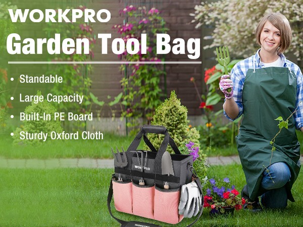 WORKPRO Garden Tool Bag, Heavy Duty with 10 Pockets Pink with Shoulder Strap