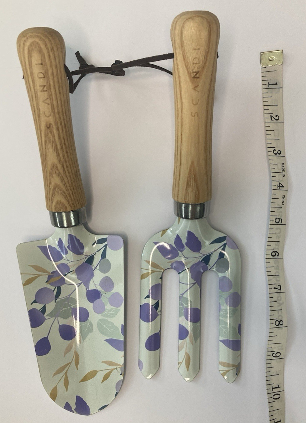 Scandi Garden Tool 2pc Set Wood Handle Painted Metal Leaves Botanical Print