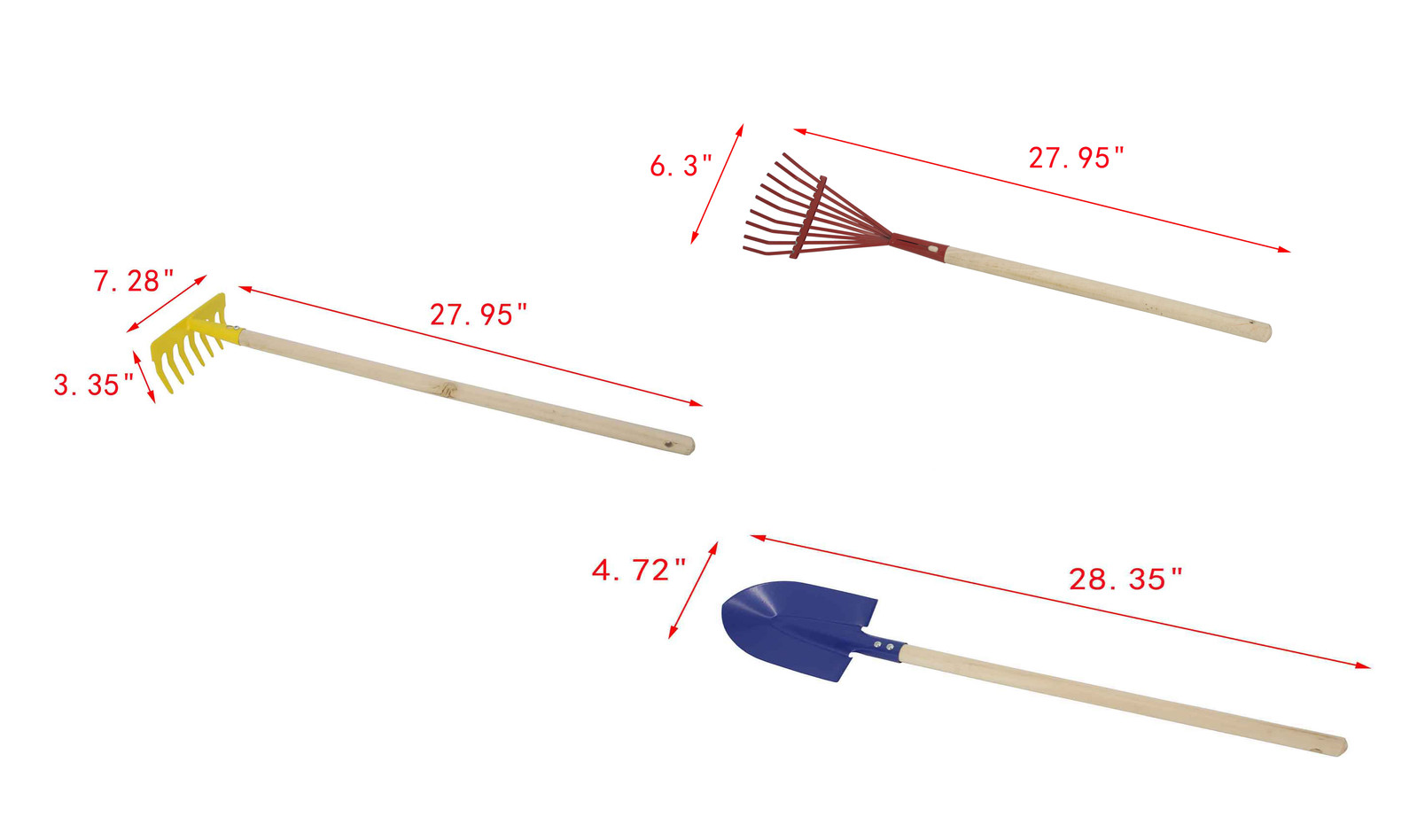 Kids Garden Tool Set 28″ Long Toy, Rake, Shovel & Leaf Rake,Reduced Size,3-Piece