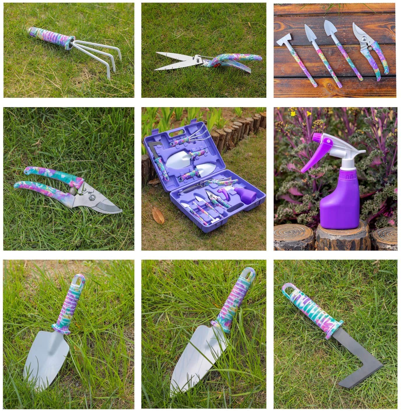 10 Piece Floral Print Garden Tool Set, Ergonomic Handle, Trowel, Rake, Case