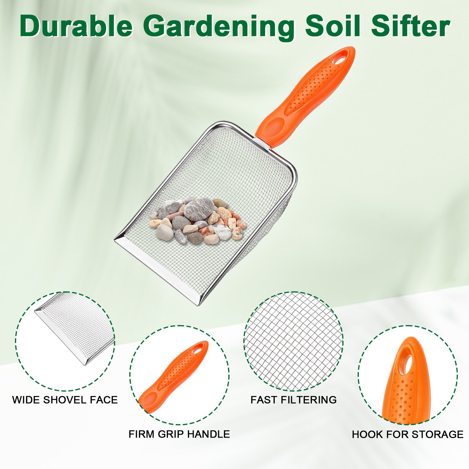 2 mm Mesh Stainless Steel Gardening Soil Sifter for Rock [White, Orange]