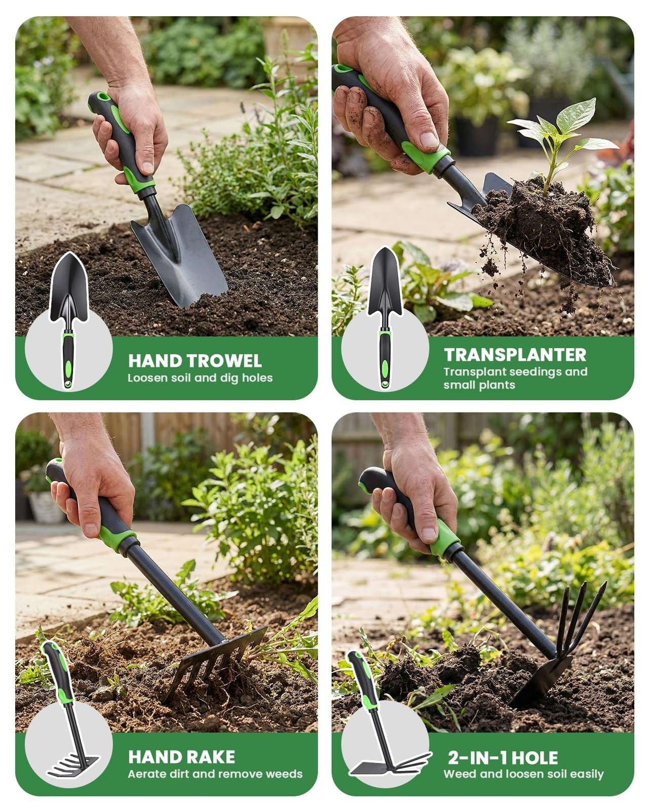 4 PCS Garden Tool Set Heavy Duty Hand Soft Rubber Handle Stainless Green