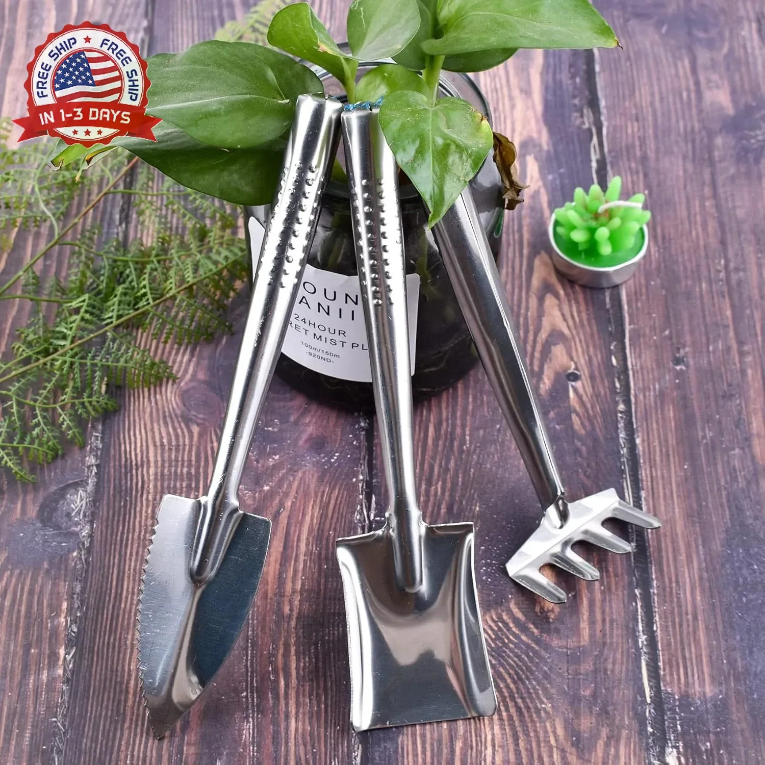 3 Pieces Mini Garden Tools Set, Stainless Steel Shovel Rake Spade Gardening Kit