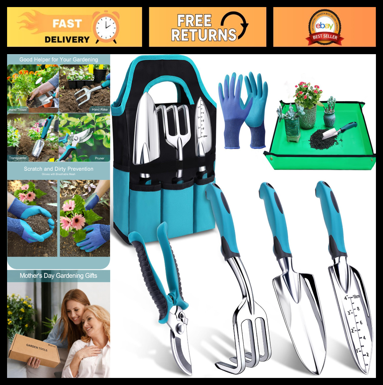 7-Piece Heavy Duty Gardening Tools Set, Rust Resistant Kit with Trowel & Shovel,
