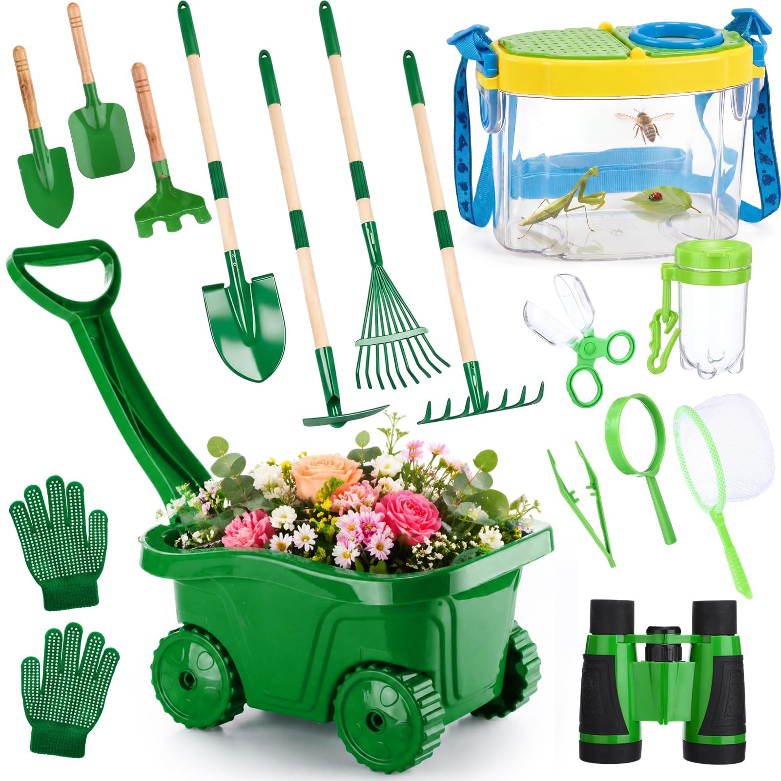 16 Pcs Kids Gardening Tools Bug Catcher Kit Set, Green Wheelbarrow with Bug H…