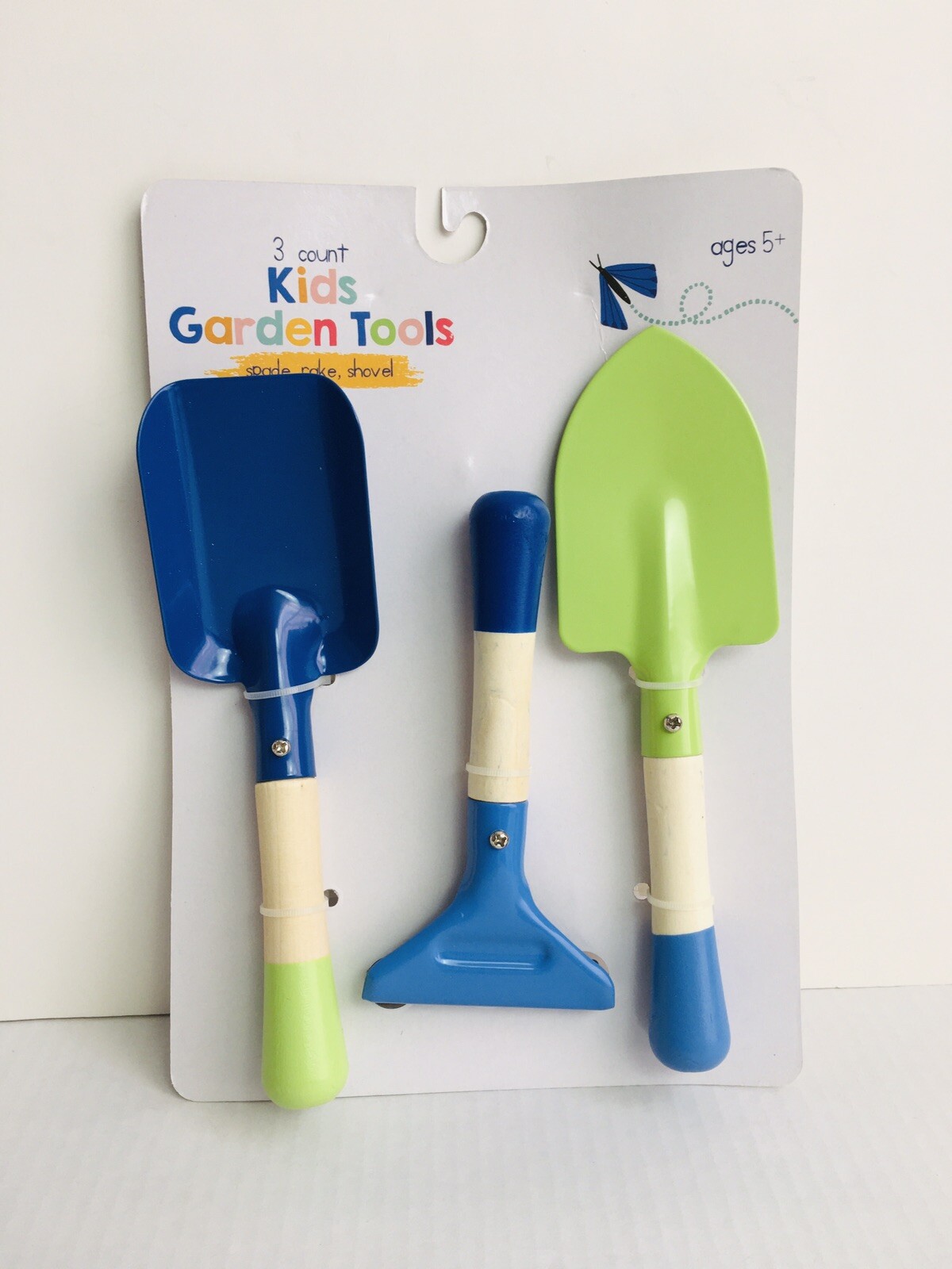 3 Piece Rake Shovel Spade Garden Tool Set Kids Sand Play Includes Blue Green