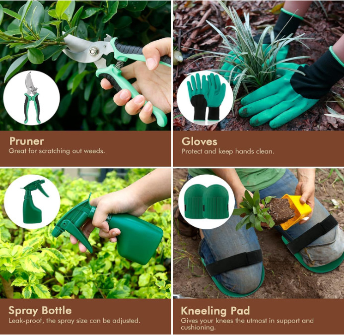 Set jardinería 10 piezas acero inoxidable, mango madera con bolsa portátil. NUEV
