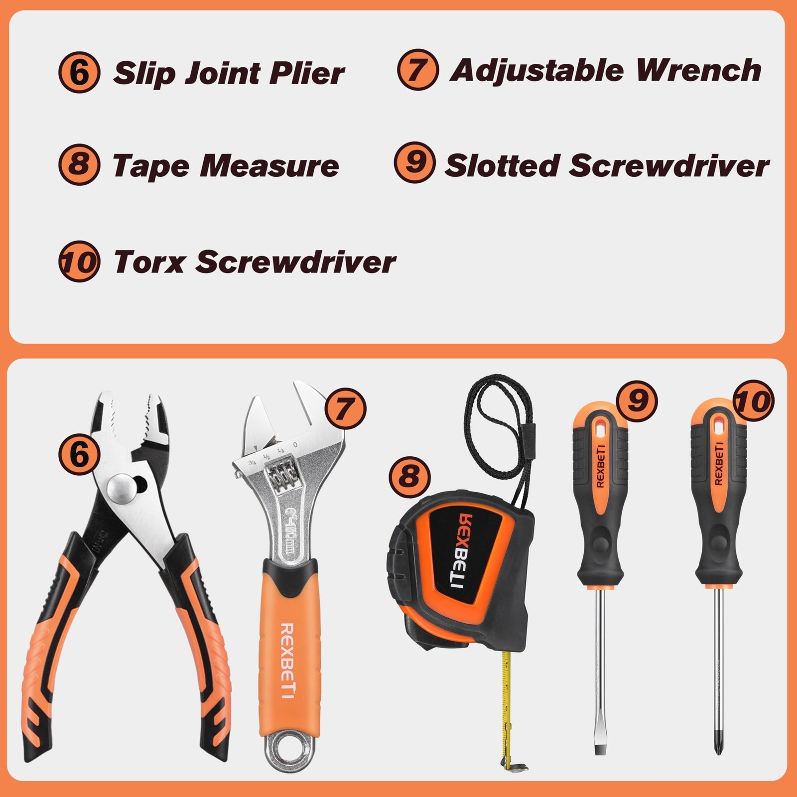 REXBETI 10-Piece Kids Tool Set with Real Hand Tools, Orange Durable Storage B…