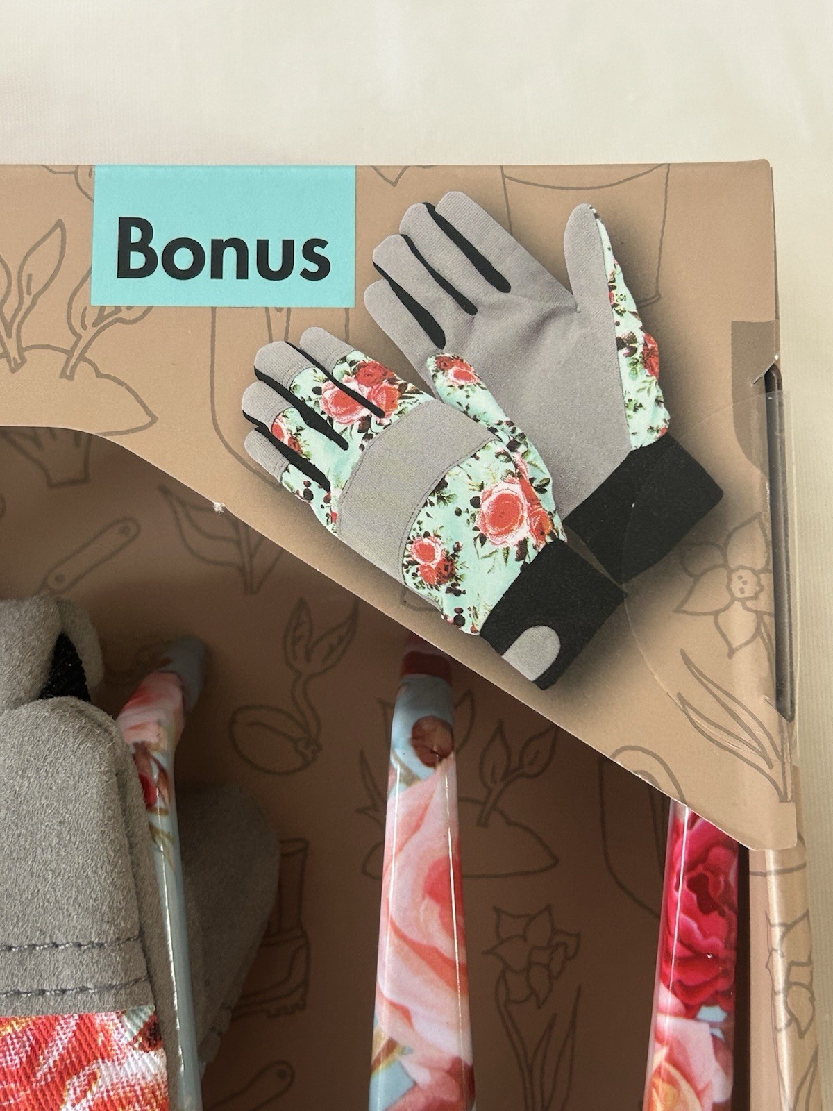 3 pc Garden Tool Set + Bonus Gloves, pink red floral, garden gift set new in box